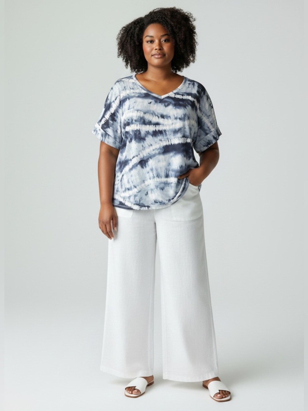 Chico's Blue and White Tie-Dye V-Neck Top